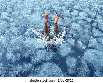 Cool down and Cooling off concept as a diver diving into frozen ice water as a symbol for managing hot weather summer heat and refreshing break from a heatwave.