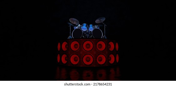 A Cool Drum Kit Stands On A Podium Of Speakers Highlighted In Red In An Empty Space. A Stage For A Concert With A Drum Kit. 3D Render.