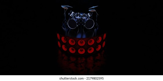 A Cool Drum Kit Stands On A Podium Of Speakers Highlighted In Red In An Empty Space. A Stage For A Concert With A Drum Kit. 3D Render.