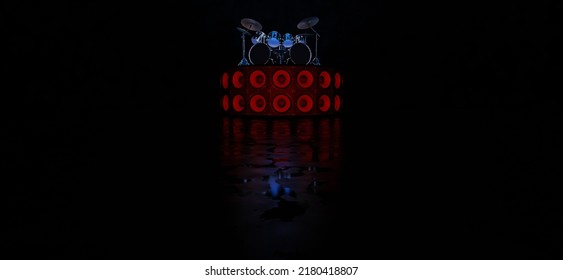 A Cool Drum Kit Stands On A Podium Of Speakers Highlighted In Red In An Empty Space. A Stage For A Concert With A Drum Kit. 3D Render.