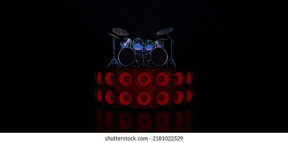 A Cool Drum Kit Stands On A Podium Of Speakers Highlighted In Red In An Empty Space. A Stage For A Concert With A Drum Kit. 3D Render.