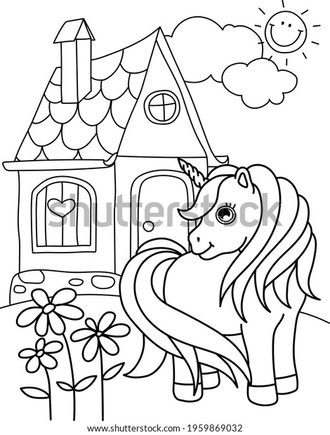 Cool Fabulous Unicorn Cute House Coloring Stock Illustration 1959869032