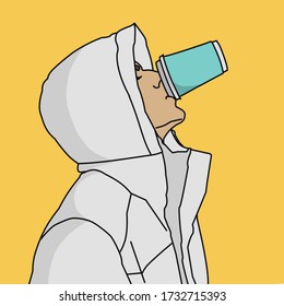 Cool Guy In A Jacket Is Drinking Coffee On A Yellow Background