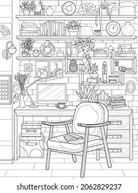 Cool Home Office Interior. Coloring Book For Adults. The Interior Of The Room. Black And White Illustration.