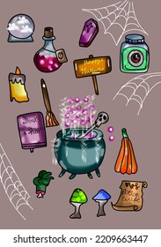 Cool Idea For Halloween Stickers: Magic Ball, Jar With An Eye, Candle, Spell Book, Witch Pot Of Potions, Poisonous Mushrooms, Zombie Hand, Spider Web