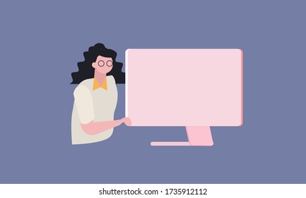 Cool illustration flat character design on business woman working in office behind her desk with desktop computer | Business woman using computer - Powered by Shutterstock