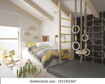 Cool Kids Bedroom With Climbing Corner - 3D Rendering
