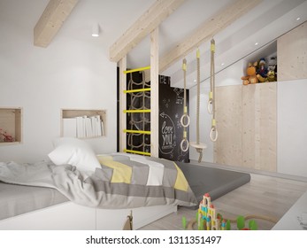 Cool Kids Bedroom With Climbing Corner - 3D Rendering