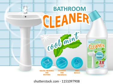 Cool Mint Bathroom Cleaner Ad Design Template. Realistic Illustration. Liquid Cleaning Product Killing Bacteria Brand Advertising Poster.