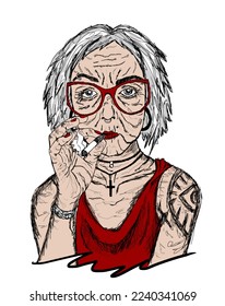 Cool old lady and tattoos  piercings   red glasses  smoking cigarette  Raster illustration  broken strokes 