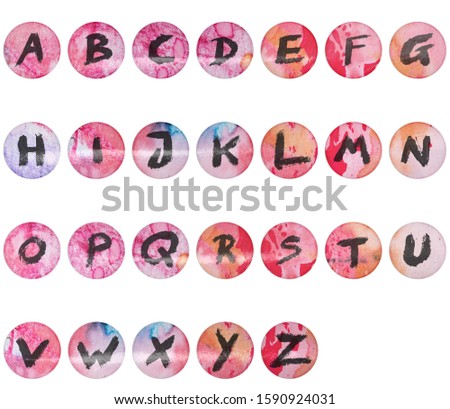 cool set of circular or round vinyl foil stickers with handwritten alphabet letters on white background with painting texture, basic school poster idea or sticky design elements for your flyer.