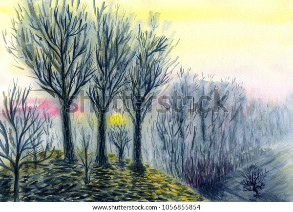 Cool Spring Sunset Watercolor Painting Large Stock Illustration