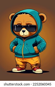 Cool teddy bear in tracksuit. Rapper, dancer, hipster.