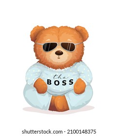 Cool Teddy Bear Wearing Sunglasses With The Boss Sign On His Shirt. Soft Toy For Kids And Adults Apparel Or Gift Card Graphic Design, Fashionable Cool Bossy Print.