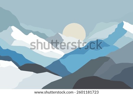 Cool Tone Mountain Range with Rising Sun Illustration