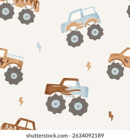 Cool trucks: seamless pattern with blue and beige cars on milk background. Can be used for fabric, wrapping, textile, wallpaper, apparel design and others.