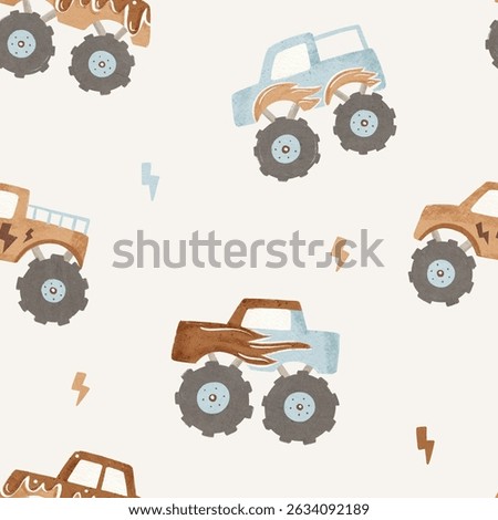 Cool trucks: seamless pattern with blue and beige cars on milk background. Can be used for fabric, wrapping, textile, wallpaper, apparel design and others.