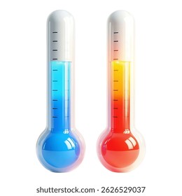 Termómetros fríos vs calientes sobre fondo blanco con colores vibrantes 3D