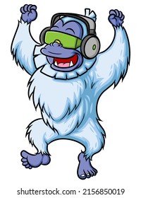 The cool yeti is listening to a music and dancing of illustration