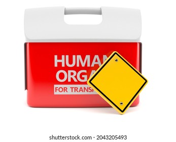 Cooler For Human Organ With Blank Road Sign Isolated On White Background. 3d Illustration