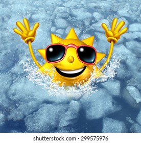 Cooling Off Fun And Cool Down Concept As A Happy Hot Sun Character Diving Into Frozen Ice Water As A Symbol For Managing Hot Weather Summer Heat And Refreshing Break From A Heatwave.