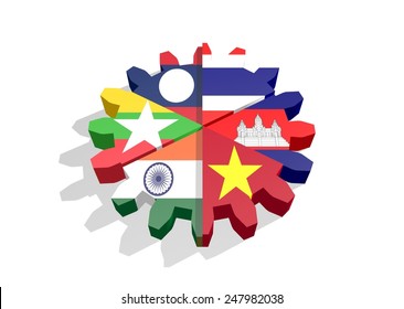 MekongÃ¢Â?Â?Ganga Cooperation - association of six national economies members flags on gear