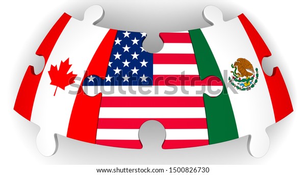米国 カナダ メキシコの協力 白い表面に米国 カナダ メキシコの国旗のパズルが一緒に描かれています 分離型 3dイラスト のイラスト素材