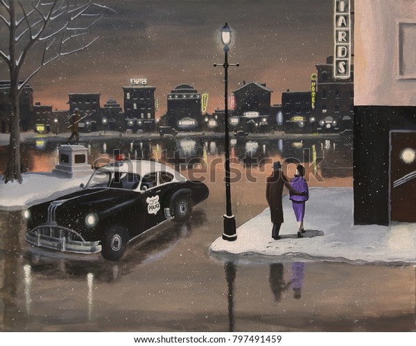 A cop car on night patrol in a small town. \
Misty 1950s winter scene of couple walking by billiard hall. \
Glowing city in\
background.