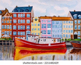 Copenhagen Cityscape, Colorful Watercolor Painting