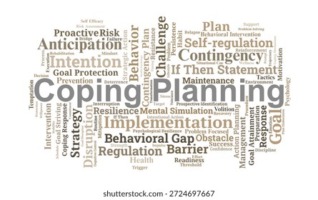 Coping Planning Word Cloud. A collection of psychological terms focusing on proactive barrier identification, if-then strategies, and self-regulation to bridge the intention-behavior gap.