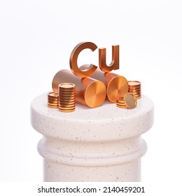 Copper bars with coins and lettering Cu on a stone column. 3d illustration of a commodity