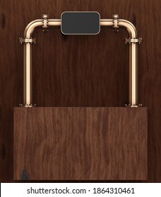 Copper colored beer bar taps on wooden background. A rectangular marquee. 3D Render.