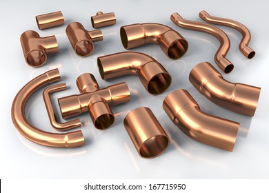 Copper elbows and pipes and tubes.  Industrial 3d illustration.