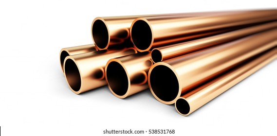 Copper Metal Pipe On White Background. 3d Illustrations