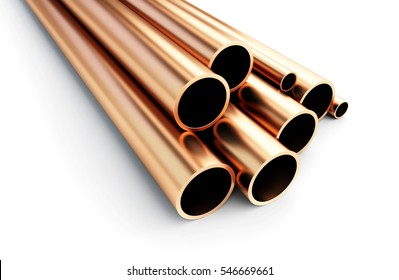 Copper Metal Pipe On White Background. 3d Illustrations