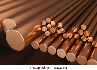 Copper Metal, Rods Of Copper. 3d Illustration.