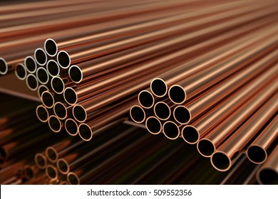 Copper metal. Warehouse copper pipes. 3d illustration.