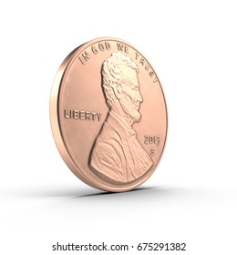 Copper One Cent Coin Penny Isolated On White. 3D Illustration, Clipping Path