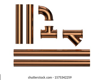 Copper Pipes And Joints. Isolated On White. 3d Illustration.