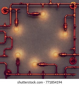 Copper Pipes With Light Bulbs On Concrete Wall. 3D Rendering