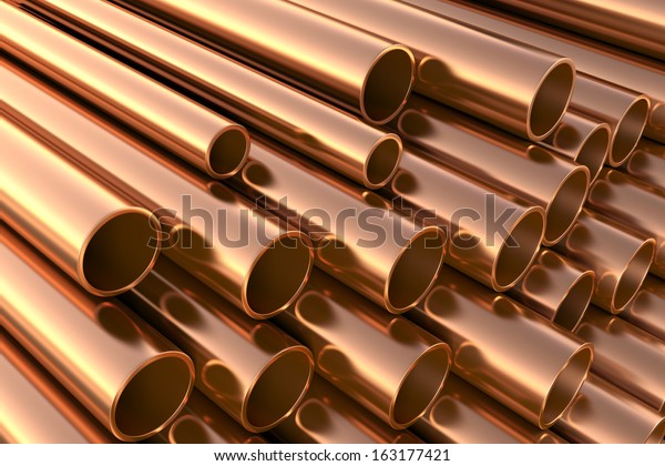 Copper pipes on\
warehouse. 3d\
illustration