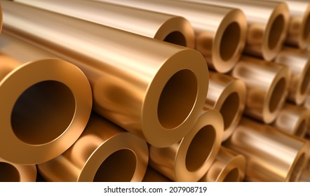 Copper round pipes.  industrial 3d illustration