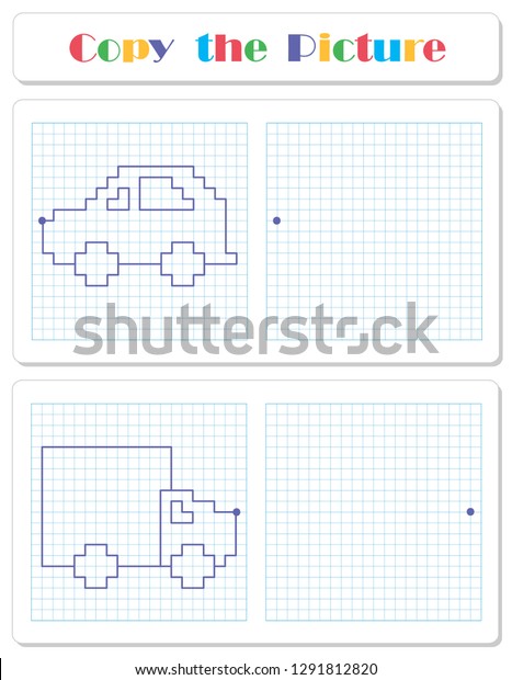 Copy the graphic picture. Draw car and truck with\
lines. Worksheet for\
kids