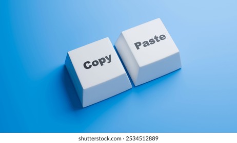 Copy paste keyboard buttons. Keys for copying and pasting information. Copy paste buttons on blue. Keys for duplicating information conception of creating plagiarism. Copy paste inscription. 3d image