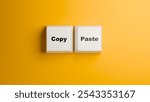 Copy paste keyboard buttons. Two keys on yellow background. Buttons for copying information. Concept of reprinting articles. Copy paste logo. Computer keys. Copy paste inscription. 3d image