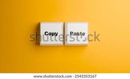 Copy paste keyboard buttons. Two keys on yellow background. Buttons for copying information. Concept of reprinting articles. Copy paste logo. Computer keys. Copy paste inscription. 3d image