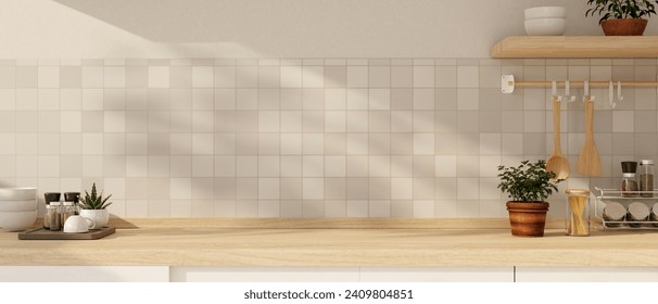 Copy space for displaying your product on a wooden kitchen countertop with utensil against the white tiles wall. 3d render, 3d illustration