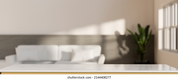 Copy Space For Montage Your Product Display On Modern White Tabletop Against Blurred Modern Bright Living Room In The Background. 3d Rendering, 3d Illustration