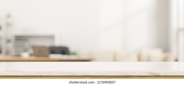 Copy Space For Montage Your Product Display On Empty White Tabletop Over Blurred Modern Living Room In The Background. 3d Rendering, 3d Illustration