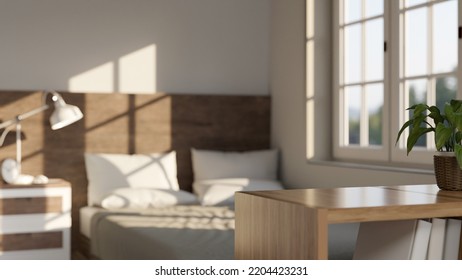 Copy Space For Montage Your Product Display On Wood Bookcase Over Blurred Minimal And Comfortable Bedroom In The Background. 3d Render, 3d Illustration